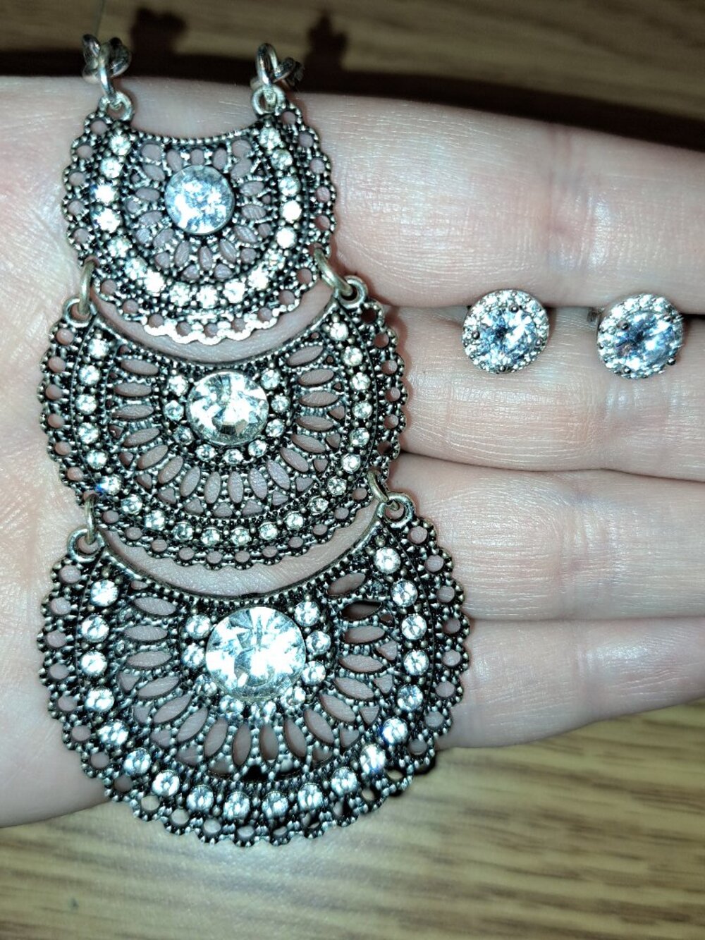 Silver Rhinestone Necklace with 925 CZ Stud Earrings